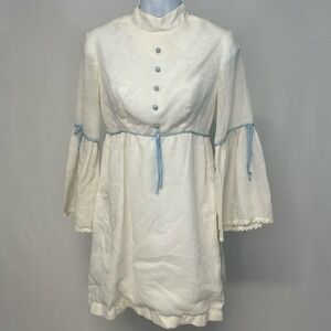 1970's Siro Petite‎ White Babydoll Dress with Long Bell Sleeves SP